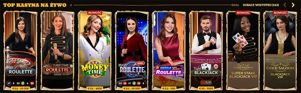 “Top kasyna na żywo” (Top live casinos) carousel showing live dealer game tiles including Speed Roulette, Super Stake Roulette, Money Time, Mega Roulette, Mega Fire Blaze Roulette Live, Ruby Blackjack, and Gold Saloon VIP Blackjack/Roulette with dealer portraits and betting limits on a dark casino interface.
