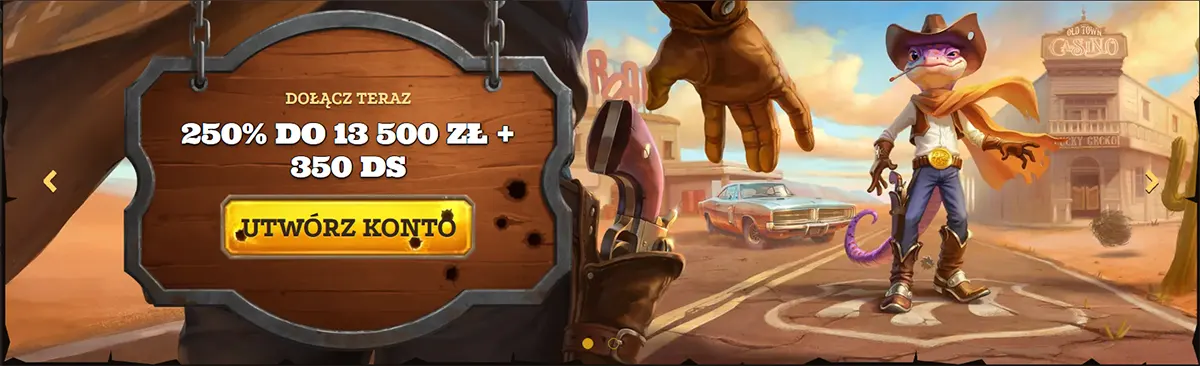 Polish welcome bonus banner with a Wild West desert scene and cowboy lizard mascot; wooden sign reads “Dołącz teraz 250% do 13 500 zł + 350 DS” with a yellow “Utwórz konto” (Create account) button.