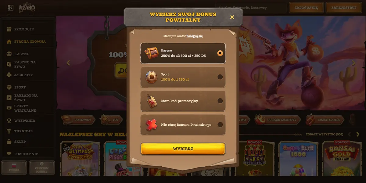 Polish casino pop-up titled “Wybierz swój bonus powitalny” (Choose your welcome bonus) showing options for Casino (250% up to 13,500 zł + 350 free spins), Sport (100% up to 1,350 zł), “Mam kod promocyjny” (I have a promo code), or “Nie chcę Bonusu Powitalnego” (I don’t want a welcome bonus), with a yellow “Wybierz” button over a western-themed casino lobby background.